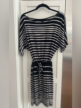 Perceptions Black and White Striped Tie-Waist Midi Dress